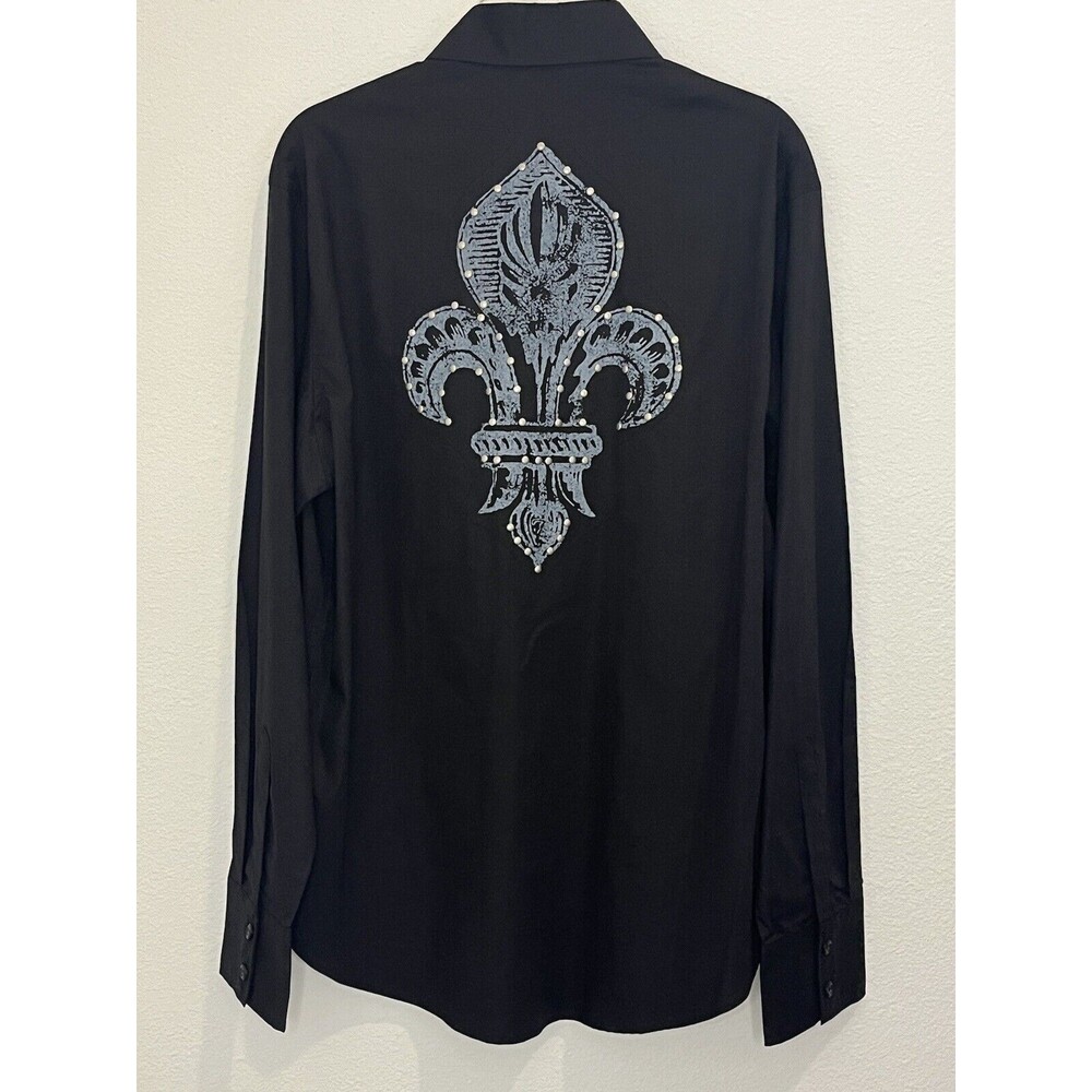 7 Diamonds Shirt Mens Black Fleur De‎ Lis Studded Goth Jacquard X-Large